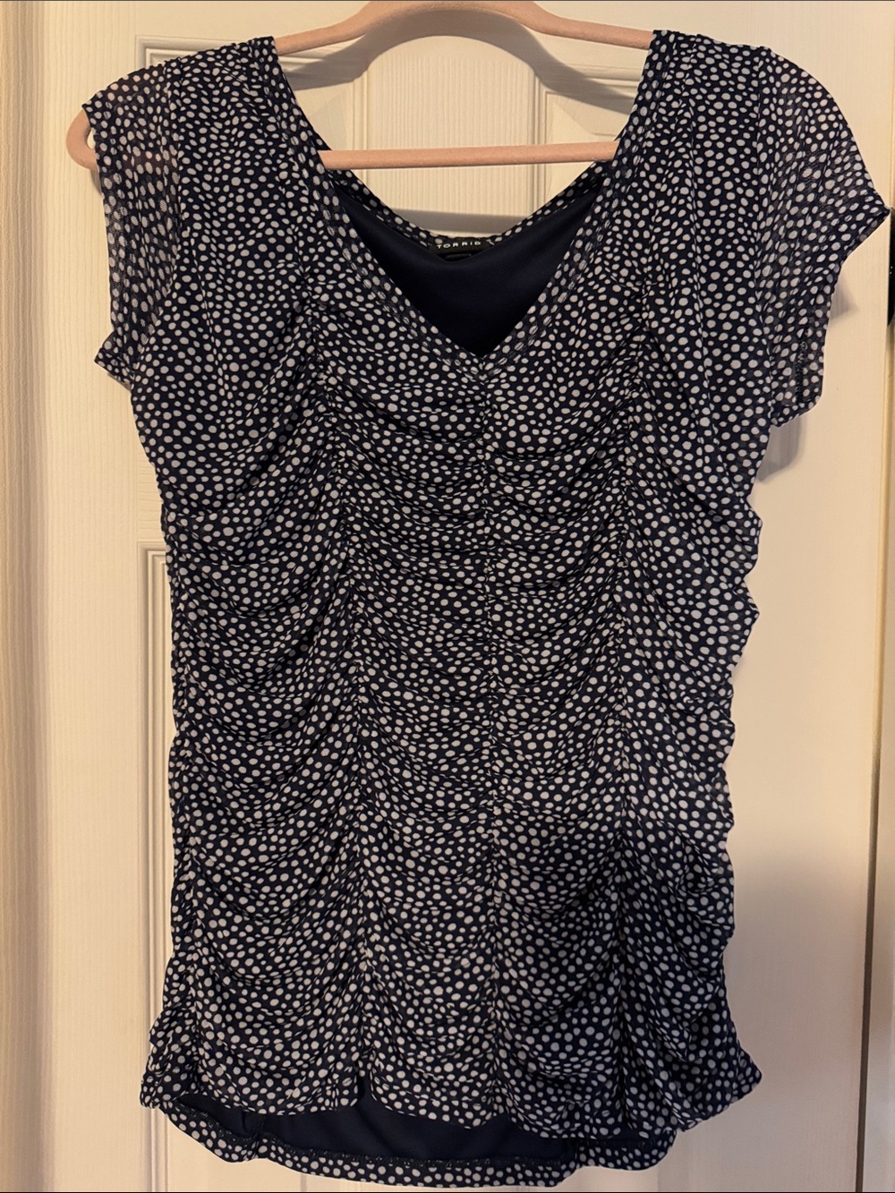 Blue and White Polka Dot Ruched V-Neck Top